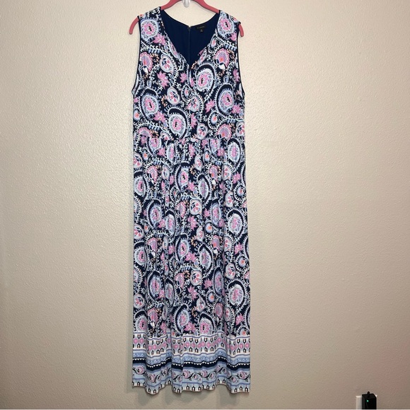 Talbots Maxi Dress Blue Pink Paisley Floral Sleeveless Empire Waist Splitneck 18 - Picture 14 of 14